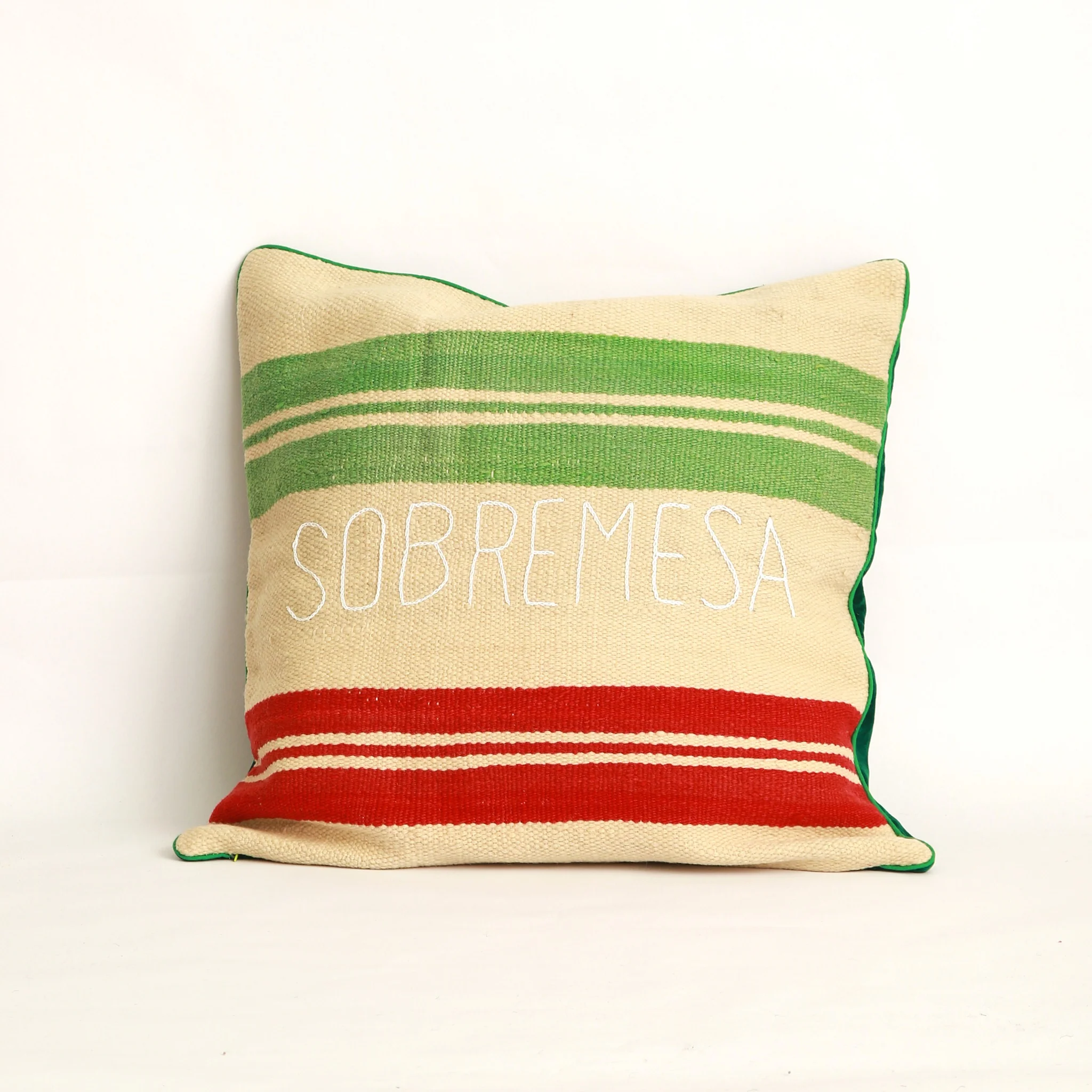 Fodera a righe colorate per cuscino 50x50 cm in lana e velluto ricamata a mano